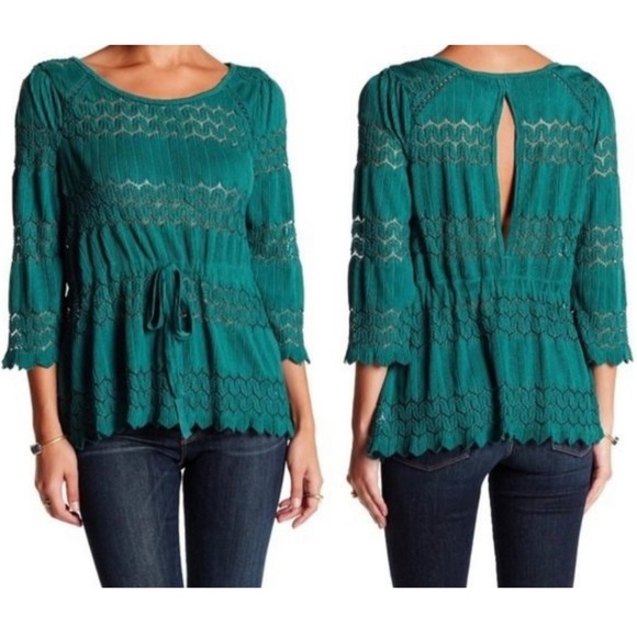 FREE PEOPLE Island Knit Green 3/4 Sleeve Blouse - Picture 1 of 5